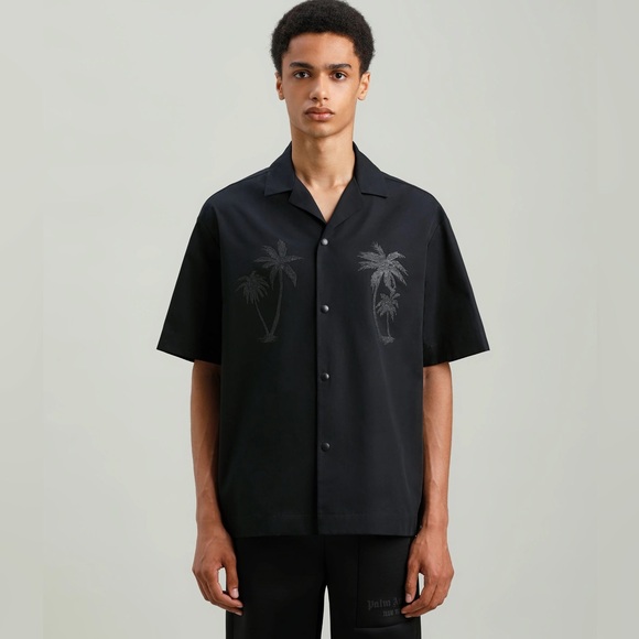 Palm Angels Black Button Up Shirt Palm Tree Print Mens Bowler Shirt - Picture 3 of 16